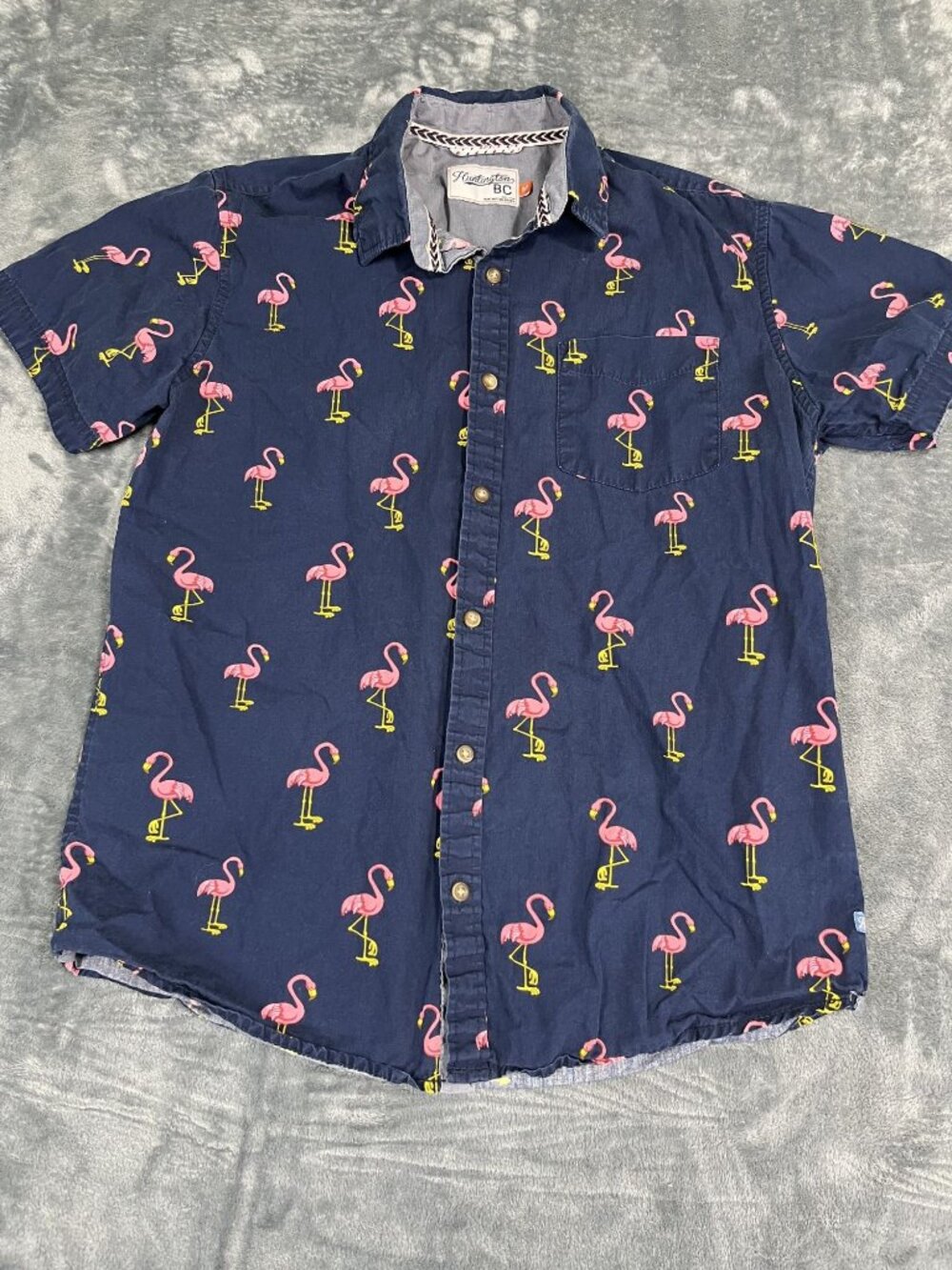 Huntington BC Mens Navy Flamingo Print Short Sleeve Button-Up Shirt Size M